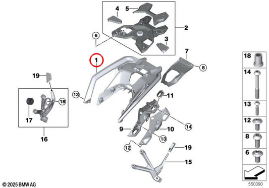 Supporto posteriore per top case in alluminio OEM 46541541529 per moto BMW R 1300 RS (KA5, da 04/2025). Originale BMW Motorrad.
