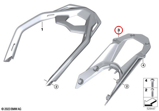 Parte inferiore del ponte portapacchi OEM 46541542770 per moto BMW R 1300 GS e R 1300 RS. Originale BMW Motorrad