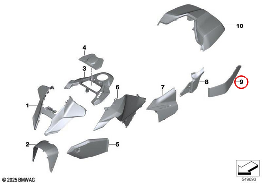 Moulure gauche de couvercle de valise Alpine White 3 OEM 46545B4B3F7 pour motos BMW R 1300 RT (à partir de 01/2025). Original BMW Motorrad.