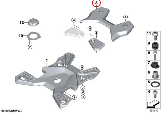 Coperchio supporto topcase posteriore OEM 46547105862 per moto BMW C 400 GT, C 400 X e R 1300 RS. Originale BMW Motorrad.