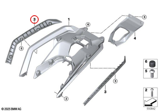 Panneau de protection de la poignée gauche OEM 46547106029 pour motos BMW R 1300 GS, R 1300 RS. Original BMW Motorrad.