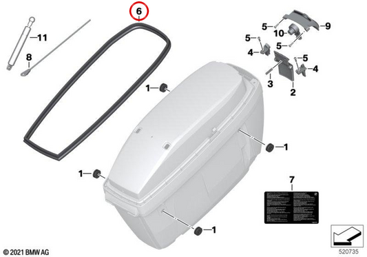 Perimeter seal for top case lid OEM 46547683005 for BMW Motorrad R 1200 RT, R 1250 RT, F 750 GS, F 800 GS, F 850 GS, F 900 GS, C 400 GT... and more. Original BMW Motorrad