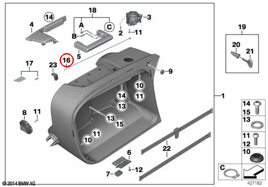 Tapa de varillaje de maleta lateral inferior OEM 46547693716 para motos BMW K1200GT, K1300GT, R1200RT, R900RT, R1200R, R1200ST... y más. Original BMW Motorrad