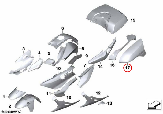 Right trunk lid molding OEM 46548414296 for BMW Motorrad K1600 GT, K1600 GTL. Original BMW Motorrad.