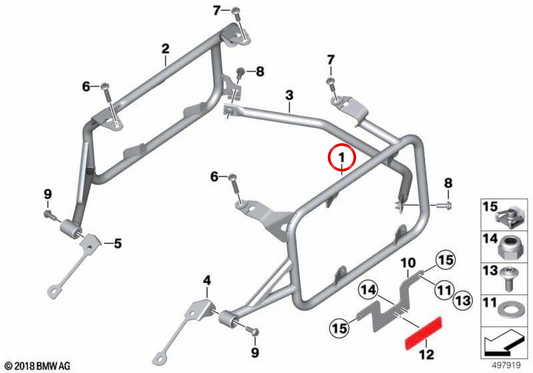 Left side Adventure pannier bracket silver OEM 46548520067 for BMW Motorrad R 1200 GS, R 1250 GS, R 1200 GS Adventure, R 1250 GS Adventure, F 850 GS, F 900 GS, F 850 GS Adventure, F 900 GS Adventure. Original BMW Motorrad