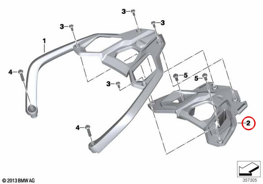 OEM 46548530816 rear holder base for BMW Motorrad R 1200 GS (2012–2018) and R 1250 GS (2018–2023). Original BMW Motorrad.