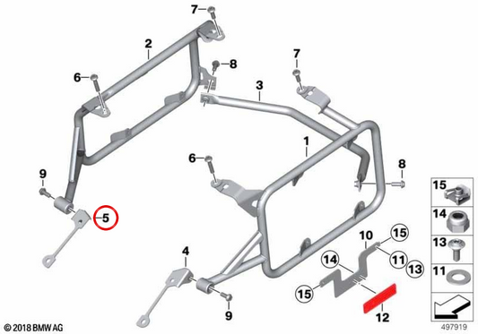 Supporto per valigia lato destro OEM 46548540998 per motociclette BMW R 1200 GS, R 1250 GS, R 1200 GS Adventure, R 1250 GS Adventure. BMW MOTORAD originale.