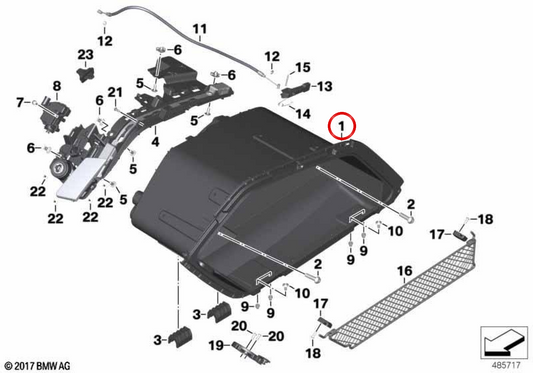 Left case bottom OEM 46548551315 for BMW K 1600 Bagger motorcycles. Original BMW Motorrad.