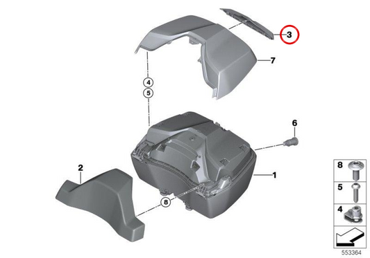Pannello di copertura superiore del topcase OEM 46548829659 per moto BMW R 1300 RT (KA3, dal 03/2025). Originale BMW Motorrad.