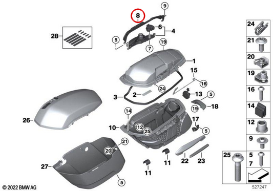 Pasador de cierre izquierdo de maleta lateral OEM 46549898021 para motos BMW R 18 Roctane, R 18 B, R 18 Transcontinental... y más. Original BMW Motorrad.