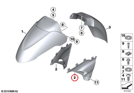 Cubierta de rueda delantera superior derecha OEM 46617685414 para BMW K 1200 LT (2004-2009). Original BMW Motorrad.