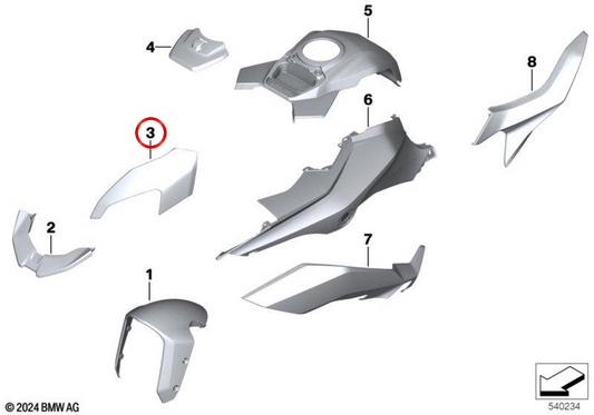 Upper left panel LIGHTWHITE UNI OEM 46631540965 for BMW S 1000 XR (K69) motorcycles from 12/2018. Original BMW Motorrad.