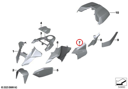 Rechts vorderes Seitenverkleidungsblech blackstorm metallic OEM 46635B4E218 für BMW R 1300 RT (KA3, ab 13/2025). Original BMW Motorrad.