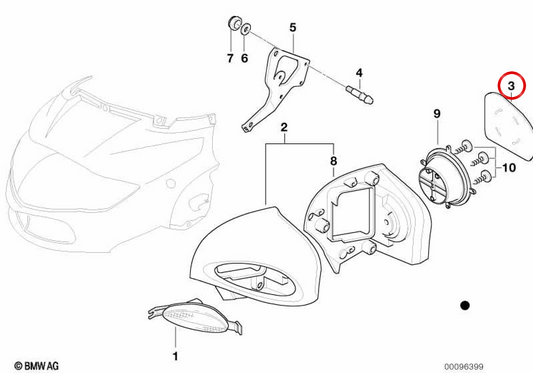 Vetro specchietto destro OEM 46637652612 per moto BMW R 1100 RT, R 850 RT, R 1150 RT... e altro ancora. BMW Motorrad originale.