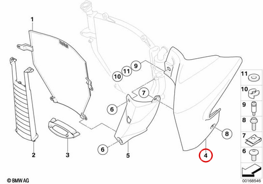 Parament vorne rechts oberer Kühlerverkleidung OEM 46637687420 für BMW Motorräder K1200 R, K1200 R Sport und K1300 R (K43). Original BMW Motorrad.