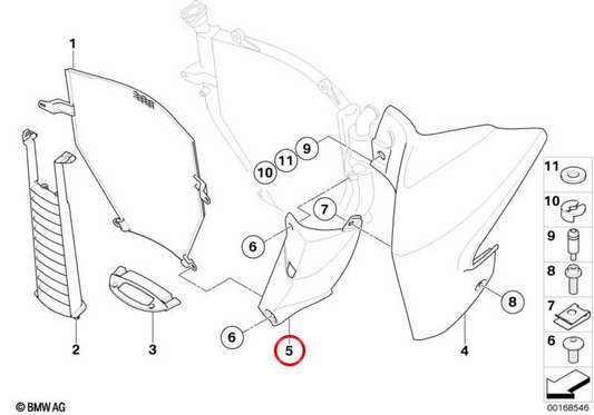 Parament vorne rechts am Kühler OEM 46637687422 für BMW Motorrad K 1200 R, K 1200 R Sport und K 1300 R. Original BMW Motorrad.