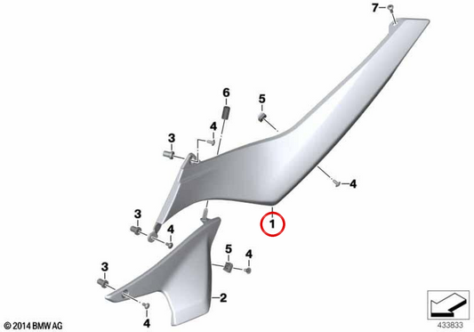 Left side housing OEM 46637697195 for BMW Motorrad R 1200 R (RK27) 2006-2014. Original replacement BMW Motorrad.