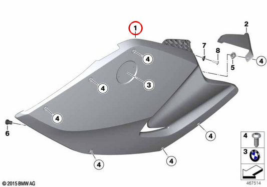 Linke Seitenverkleidung OEM 46637713483 für BMW K1300S, K1200S Motorräder. Original BMW Motorrad.