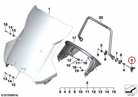 Roda de ajuste do pára-brisa OEM 46637727079 para BMW Motorrad R1200GS, R1200GS Adventure. Originais BMW Motorrad.