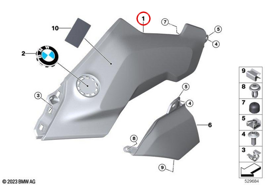 Revestimiento lateral derecho color ROHTEIL/BLANK OEM 46637921960 para motos BMW R 1300 GS (KA1, K61, tipo 0M21). Original BMW Motorrad.