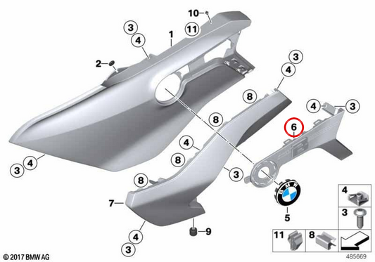 Chrome right plate support OEM 46638358210 for BMW K1600 Bagger (K61) motorcycles. Original BMW Motorrad.