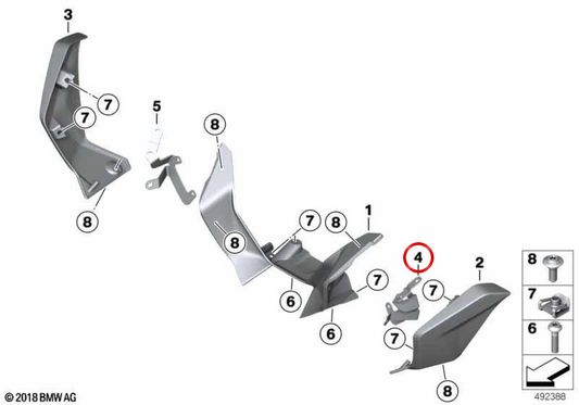 Supporto spoiler sinistro OEM 46638382821 per moto BMW R1200RT, R1250RT, R1200R, R1250R, R1200RS, R1250RS. BMW Motorrad originale.