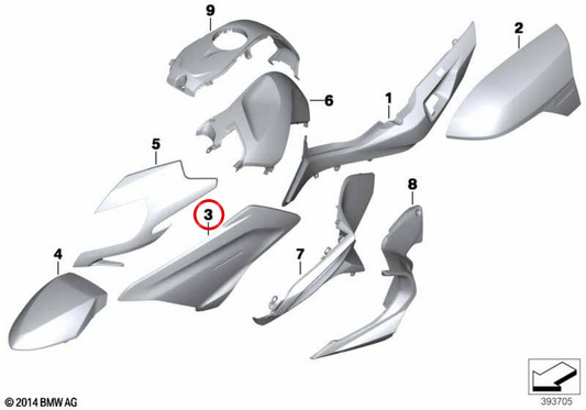 Rivestimento laterale sinistro OEM 46638392419 per BMW Motorrad R 1200 RT, R 1250 RT. BMW Motorrad originale.