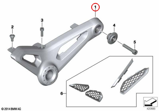 Support gauche de selle conducteur Option 719 Classic OEM 46638404115 pour motos BMW R nineT, R nineT Pure, R nineT Scrambler, R nineT Racer, R nineT Urban G/S. Original BMW Motorrad.