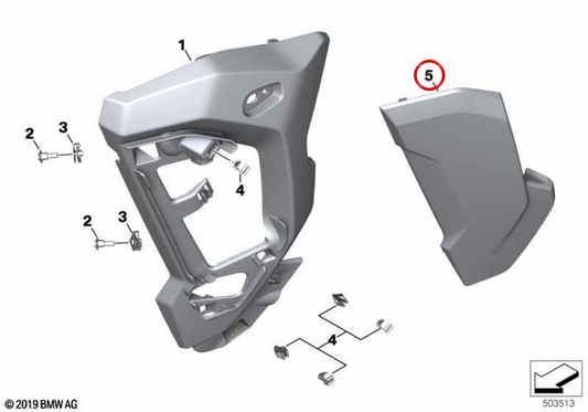 Right Radiator Trim OEM 46638404450 for BMW Motorrad S 1000 XR K69 (2018-2023). Original BMW Motorrad.