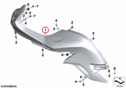 Parte laterale della carenatura destra OEM 46638528598 per moto BMW F800GT, F800S, F800ST. BMW Motorrad originale.