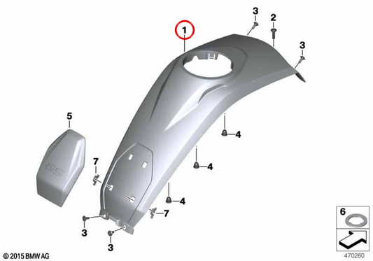 Cubierta del depósito centro OEM 46638533668 para motos BMW R1200GS, R1250GS. Original BMW Motorrad.