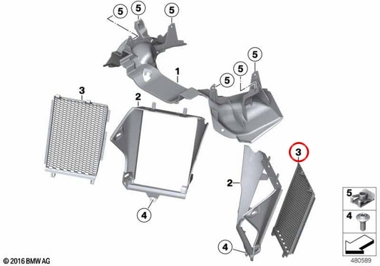 Rejilla del radiador derecha OEM 46638556648 para motos BMW R 1200 GS, R 1250 GS, R 1200 GS Adventure, R 1250 GS Adventure. Original BMW Motorrad.