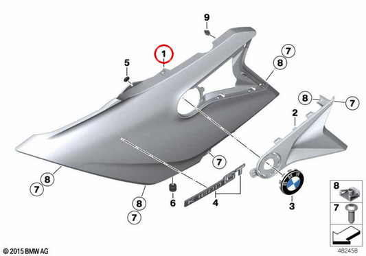 Garniture latérale gauche OEM 46638562613 pour BMW Motorrad K1600GT, K1600GTL. BMW Motorrad d'origine.