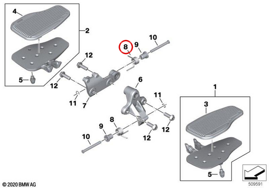 Spring with foot for rider footrest OEM 46711540781 for BMW R 18, R 18 Classic, R 18 Roctane, R 18 B, R 18 Transcontinental motorcycles... and more. Original BMW Motorrad.