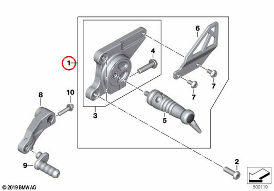 Système de repose-pieds conducteur gauche Option 719 Shadow OEM 46711541821 pour motos BMW R nineT, R nineT Pure, R nineT Scrambler, R nineT Urban G/S. Original BMW Motorrad.