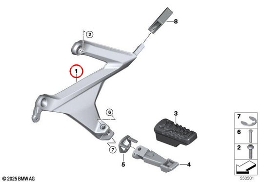 Repose-pied arrière gauche OEM 46715A5D945 pour moto BMW R 1300 RT (KA3, depuis 03/2025). Original BMW Motorrad.