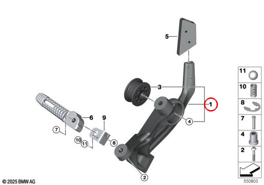 Supporto poggiapiedi posteriore destro OEM 46715A74012 per moto BMW R 1300 R, R 1300 RS. Originale BMW Motorrad.