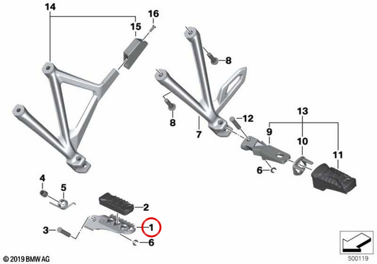 Apoyo para pie del conductor izquierdo OEM 46715A76025 para motos BMW R 1300 GS, R 1250 GS, R 1250 GS Adventure, R 1200 GS, R 1200 GS Adventure, R nineT Scrambler, R nineT Urban G/S… y más. Original BMW Motorrad.
