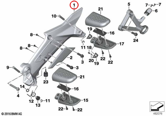 Rechte Fußstütze OEM 46717727574 für BMW K 1600 GT, K 1600 GTL Motorräder. Original BMW Motorrad.