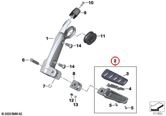 Reposapés traseiro direito com borracha OEM 46717728904 para motos BMW R 1200 R, R 1250 R, R 1200 RS, R 1250 RS, S 1000 XR, M 1000 XR, F 900 R, F 900 XR, C 600 Sport, C 650 Sport... e mais. Original BMW Motorrad.