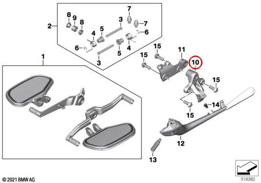 Left front footrest bracket OEM 46718392697 for BMW R 18, R 18 Classic, R 18 Roctane, R 18 B, R 18 Transcontinental... and more. Original BMW Motorrad.