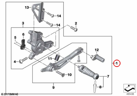 Conjunto de reposapiés derecho CLUB-SPORT OEM 46718396510 para motos BMW R nineT, R nineT Pure, R nineT Scrambler, R nineT Urban G/S. Original BMW Motorrad.