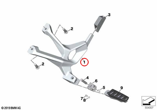 Suporte de apoios de pés traseiro esquerdo OEM 46718404601 para motos BMW S 1000 XR K69, S 1000 XR 24 K69. Original BMW Motorrad.