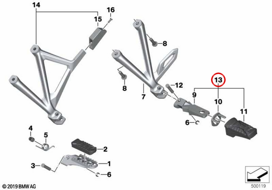 Reposapés traseiro direito OEM 46718528792 para motos BMW C 600 Sport, C 650 Sport, R 1200 GS, R 1250 GS, R 1200 GS Adventure, R 1250 GS Adventure, S 1000 XR. Original BMW Motorrad