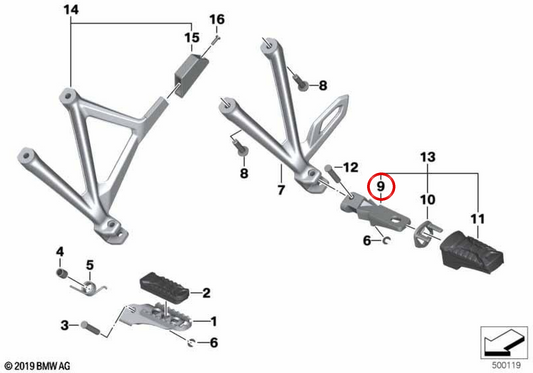 Estribo posteriore destro OEM 46718528794 per moto BMW CE 04, C evolution, R 1200 GS, R 1250 GS, R 1200 GS Adventure, R 1250 GS Adventure, S 1000 XR. Originale BMW Motorrad.