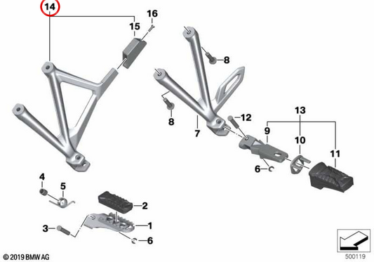 Soporte de reposapiés trasero izquierdo OEM 46718556265 para motos BMW R 1200 GS, R 1250 GS, R 1200 GS Adventure, R 1250 GS Adventure. Original BMW Motorrad