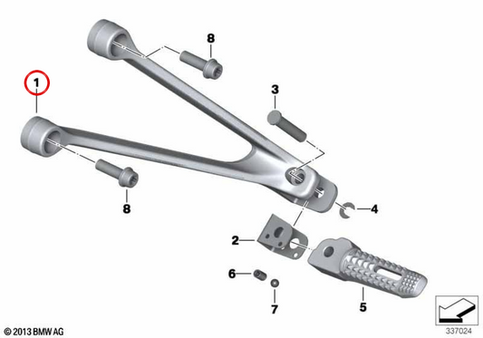 Soporte reposapiés trasero derecho OEM 46718562400 para BMW Motorrad S 1000 R (K47). Original BMW Motorrad.