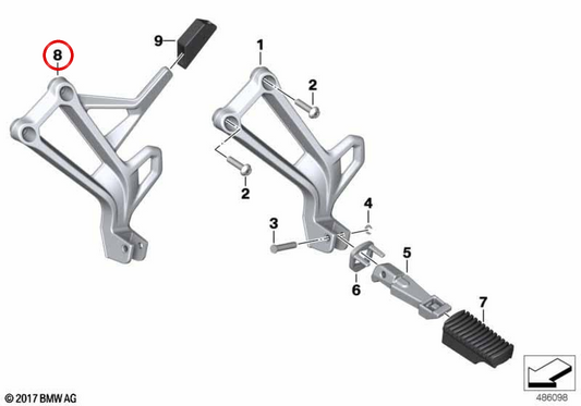 Soporte de reposapiés trasero izquierdo OEM 46718564829 para motos BMW F 750 GS, F 800 GS, F 850 GS, F 900 GS… y más. Original BMW Motorrad.
