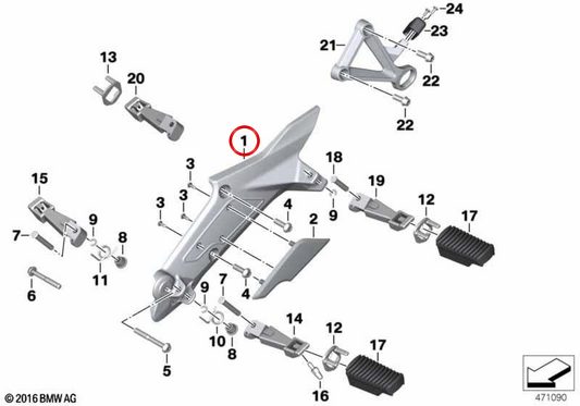 Left footrest OEM 46718568173 for BMW K1600GT, K1600GTL motorcycles. Original BMW Motorrad.
