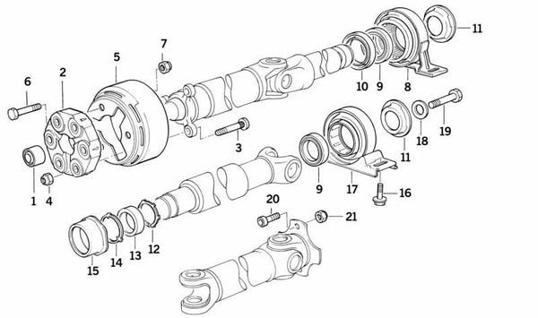 Soporte central del árbol de transmisión OEM 26121227675 para BMW E34. Original BMW.